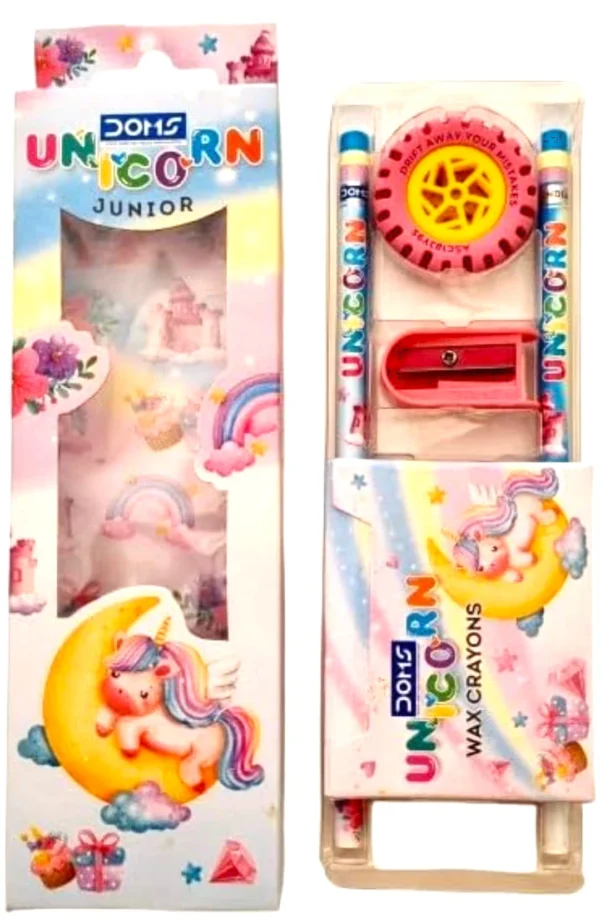 Doms Unicorn Junior Stationery Gift Set for Kids Includes Crayons Pencils Eraser Sharpener Ideal Birthday Present for Children - Image 3