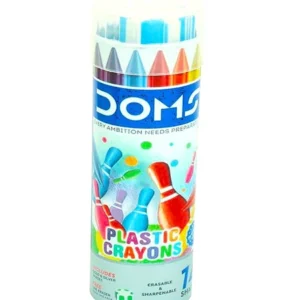 DOMS Plastic Crayon 14 Shades Erasable and Sharpenable Round Tin Pack Of 1 With Free Eraser Brilliant Colours and Super Smooth 